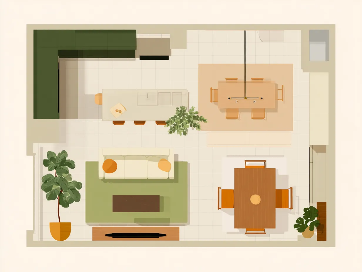 Top down room layout with green kitchen island dining table white sofa and green rug