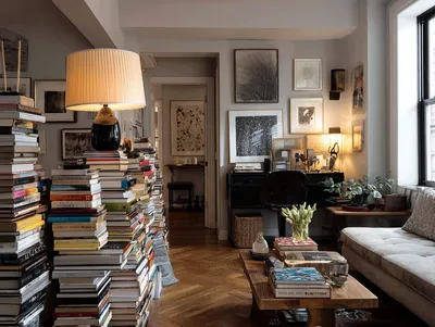 Cozy Home Office Living Space with Bookstacks