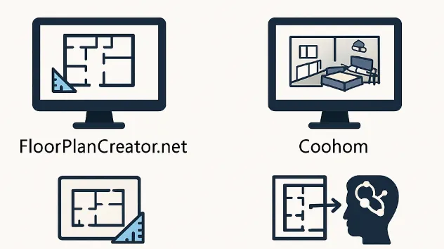 Graphic comparing floor plan editor screens and interior design drawings for FloorPlanCreator and Coohom software