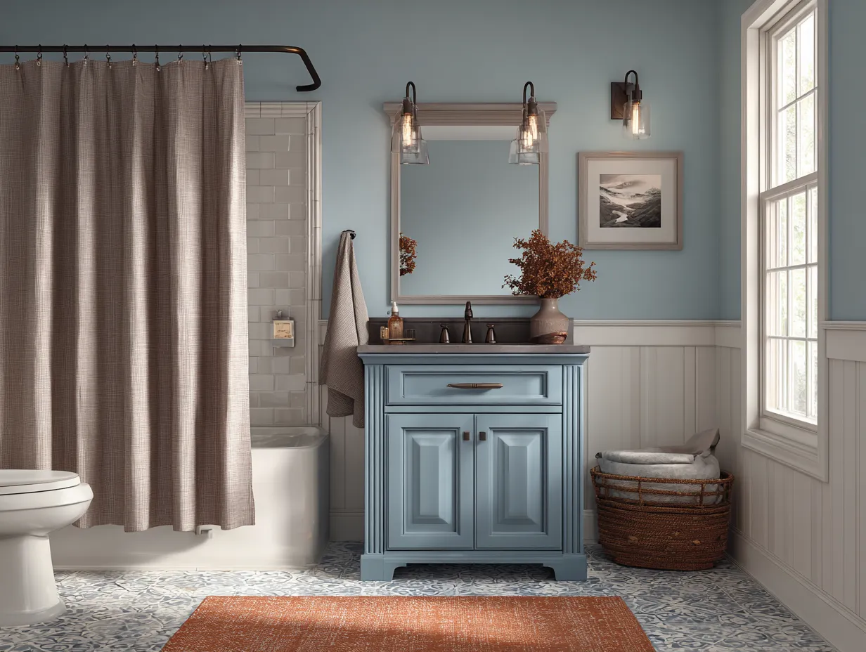 Blue bathroom interior design featuring a small cabinet mirror curtain wall light and window view