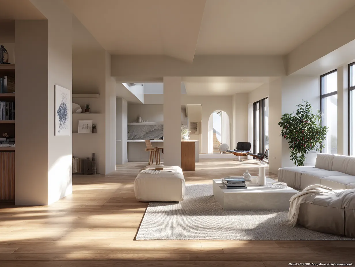 Modern open living room with cream sofa coffee table wood floor and large bright windows