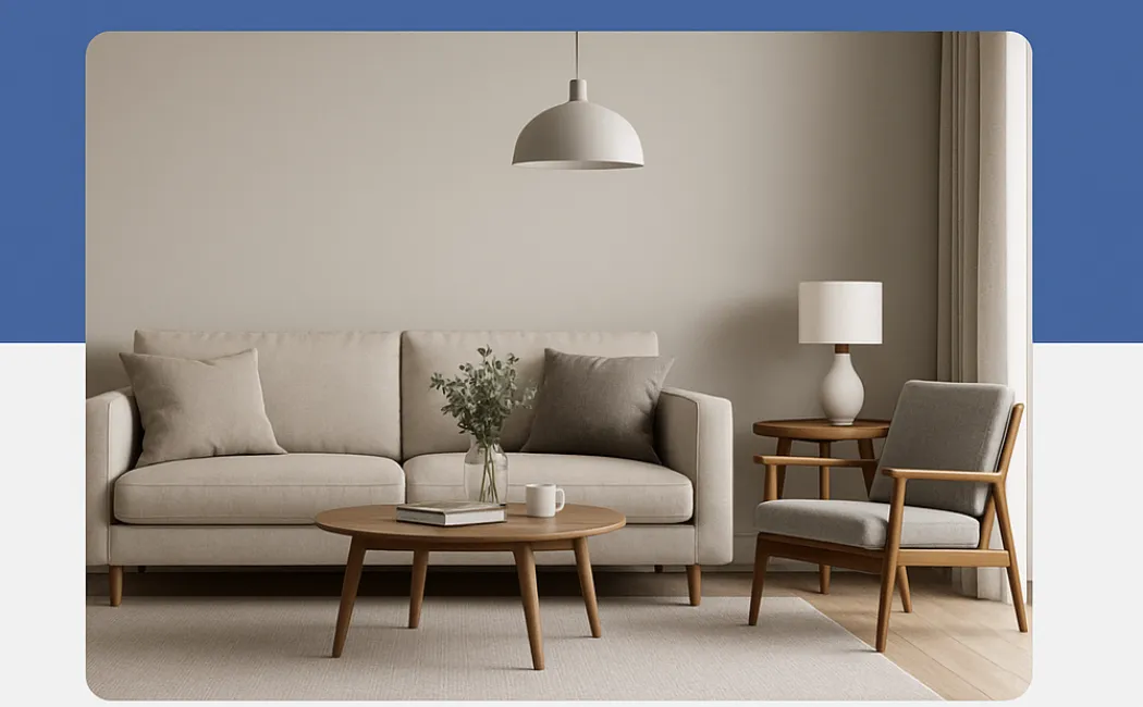 Modern living room with beige sofa wooden coffee table grey armchair and white ceiling light fixture