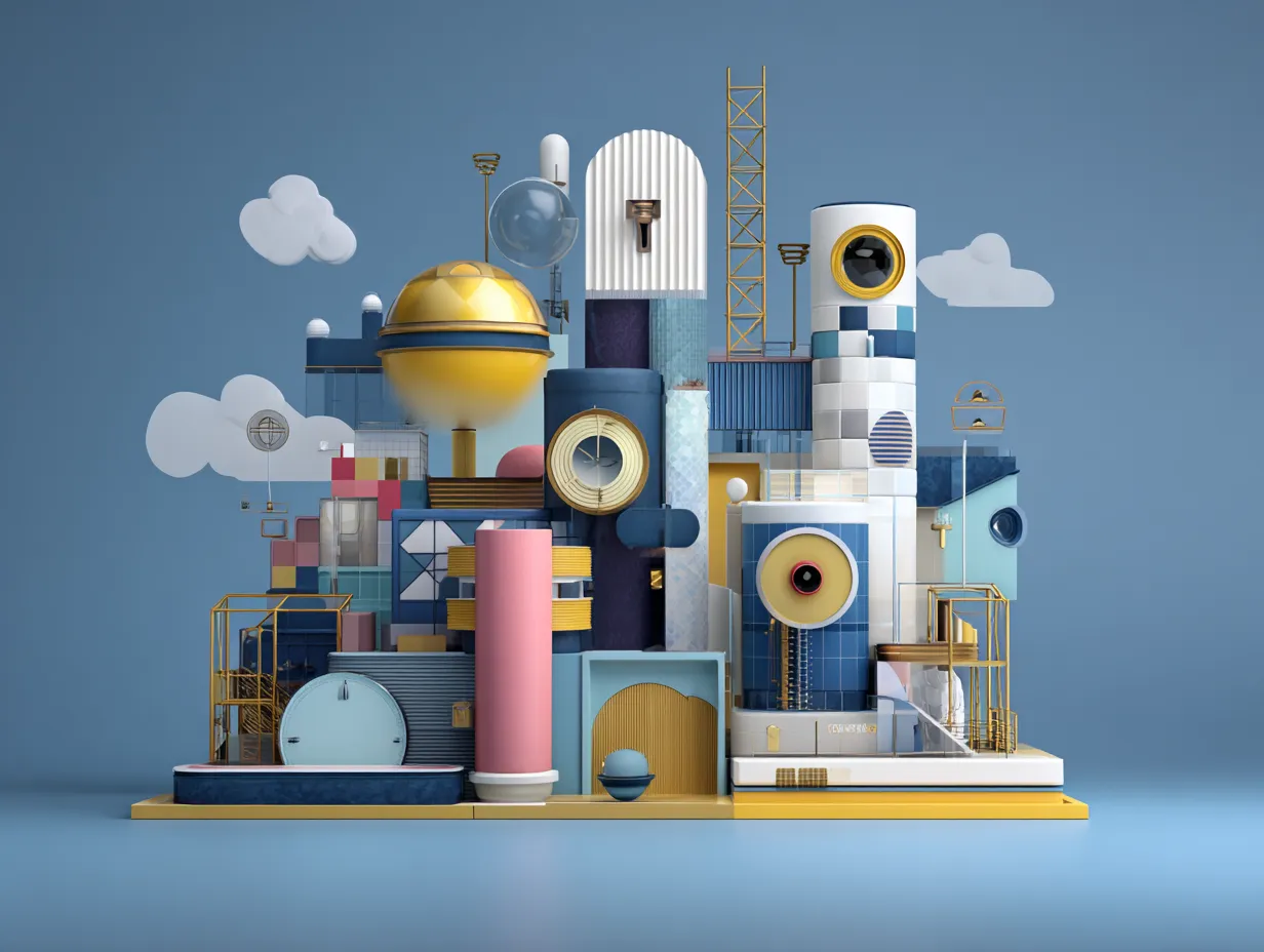 Colorful 3D geometric art featuring abstract city shapes with blue pink and gold architectural elements
