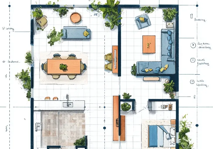 Colorful interior design drawing showing a house room layout with furniture and many green plants
