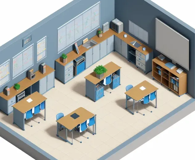 Interior design drawing showing a room layout with blue walls wooden tables and blue chairs