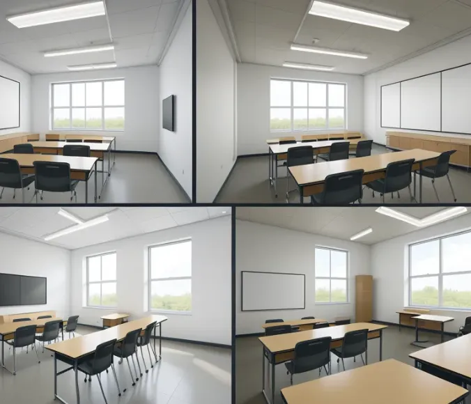 Four interior design drawings showing classroom layout with wooden tables black chairs whiteboards and windows