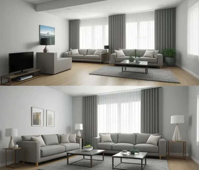 Interior design drawing showing two living room layout options with grey sofas and large windows