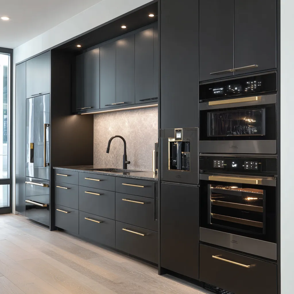 Modern matte black kitchen cabinets with gold handles, integrated appliances, sink faucet, and wood flooring