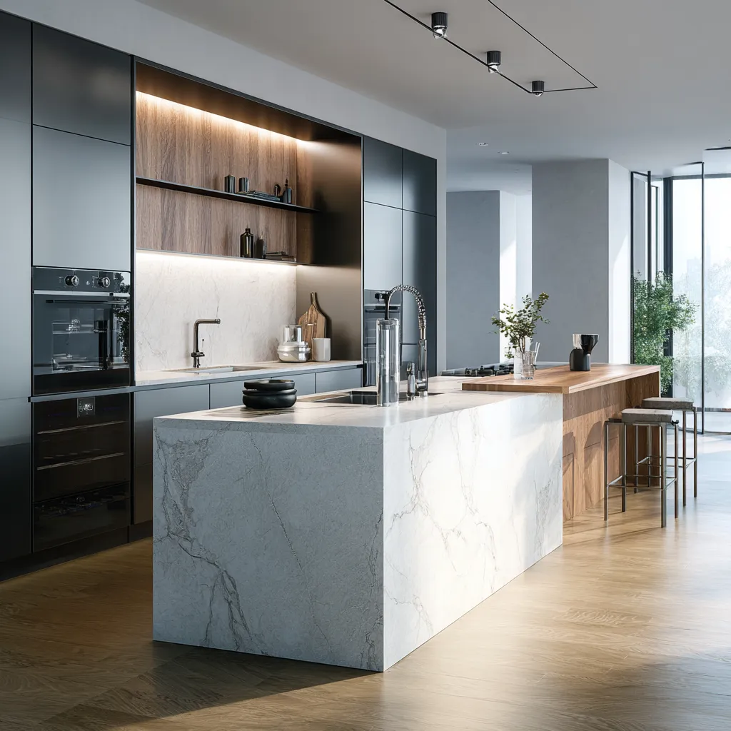 Minimalist kitchen with white marble island black cabinets wooden floor and modern black track light fixture