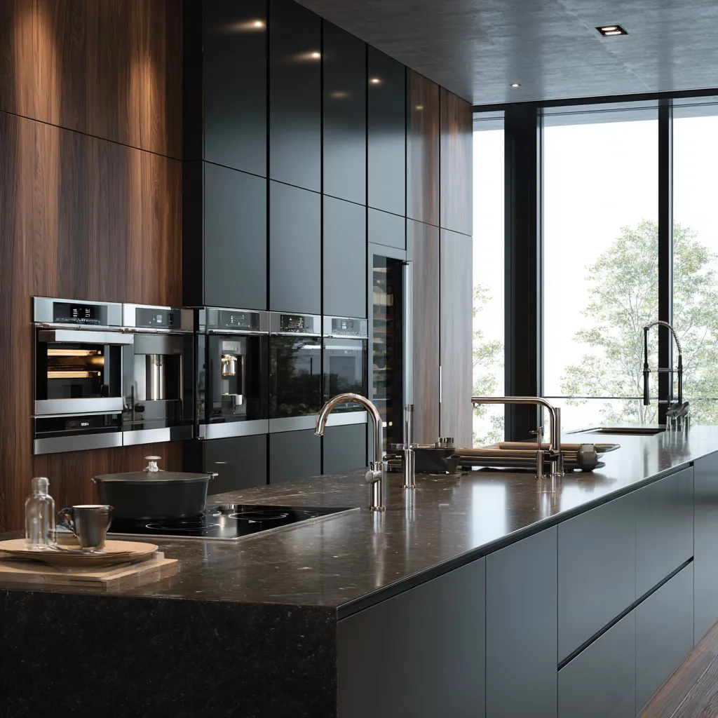 Luxury kitchen island with dark marble countertop, silver faucets, black cabinets, wood panels, and window