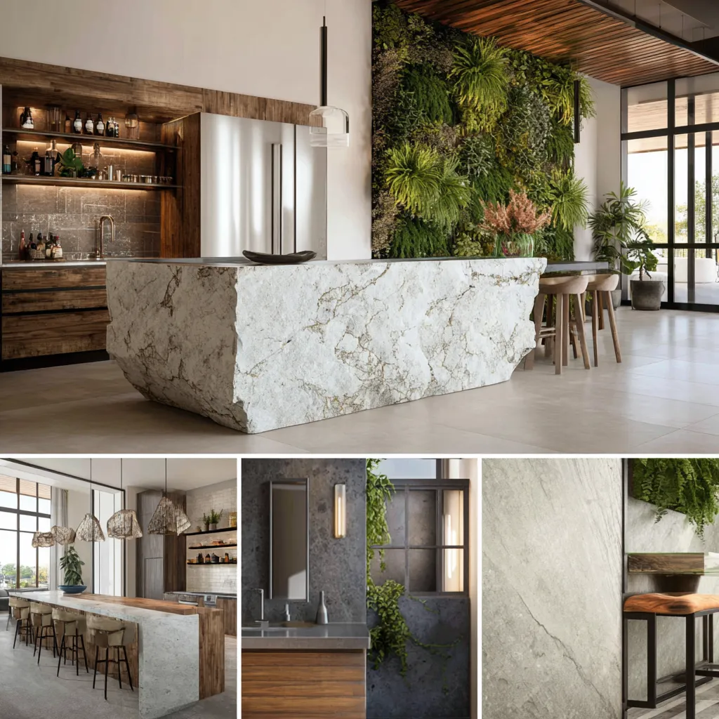 Modern kitchen with large stone island wood cabinets green wall plant decor and bright natural light