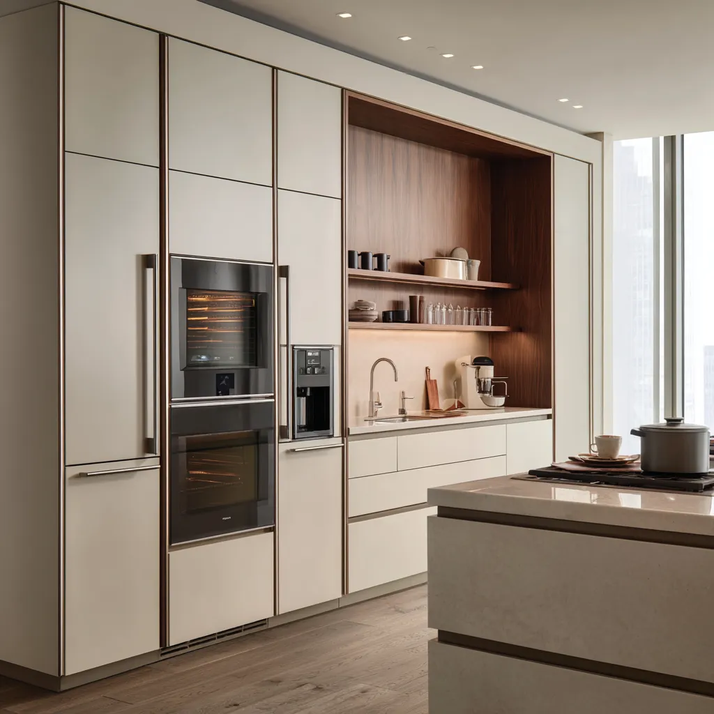 Contemporary kitchen featuring beige cabinets, copper trim, double oven, wood shelving, marble island, and window
