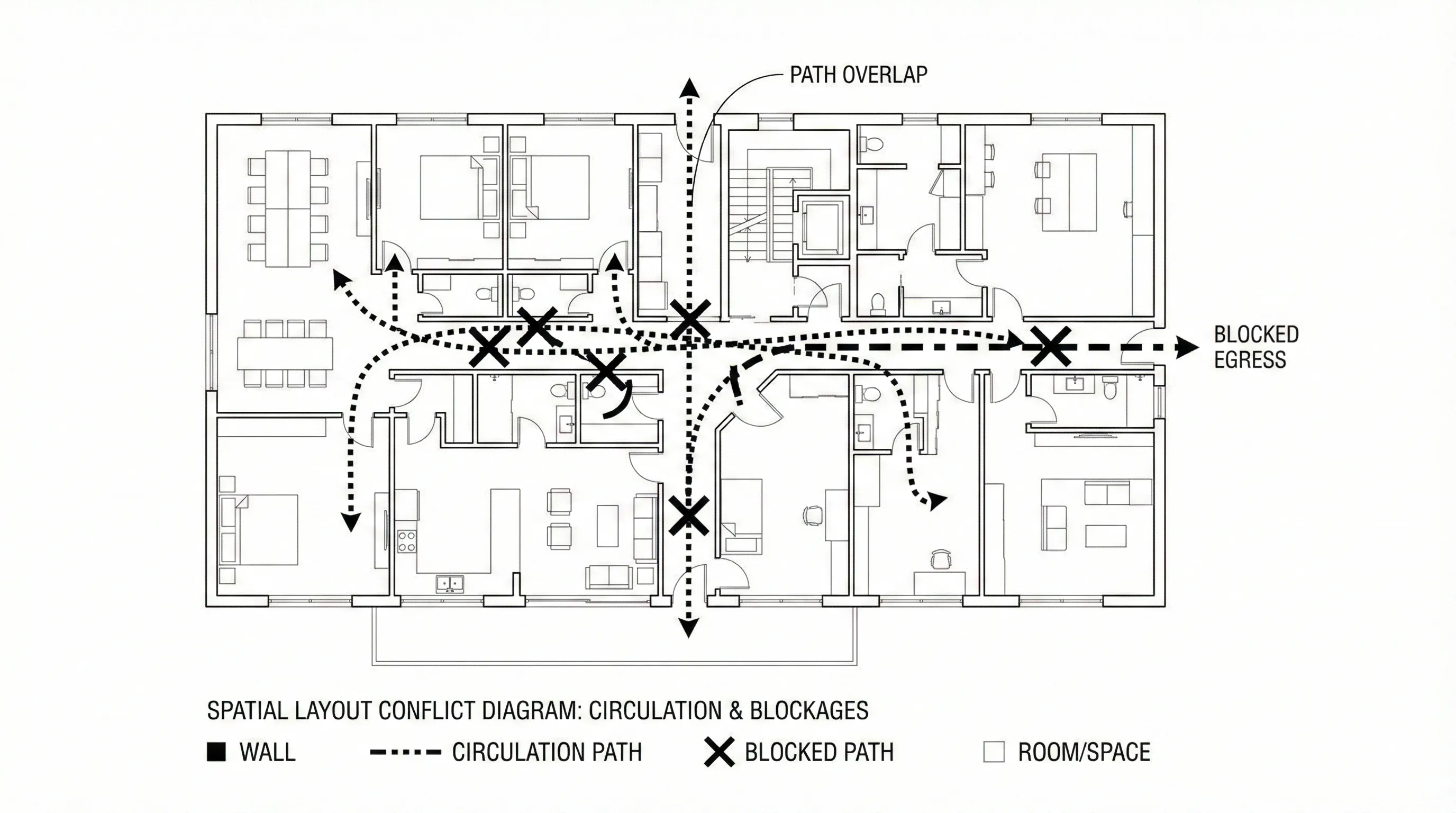Black and white floor plan drawing showing room layout with dashed lines and marked conflicts
