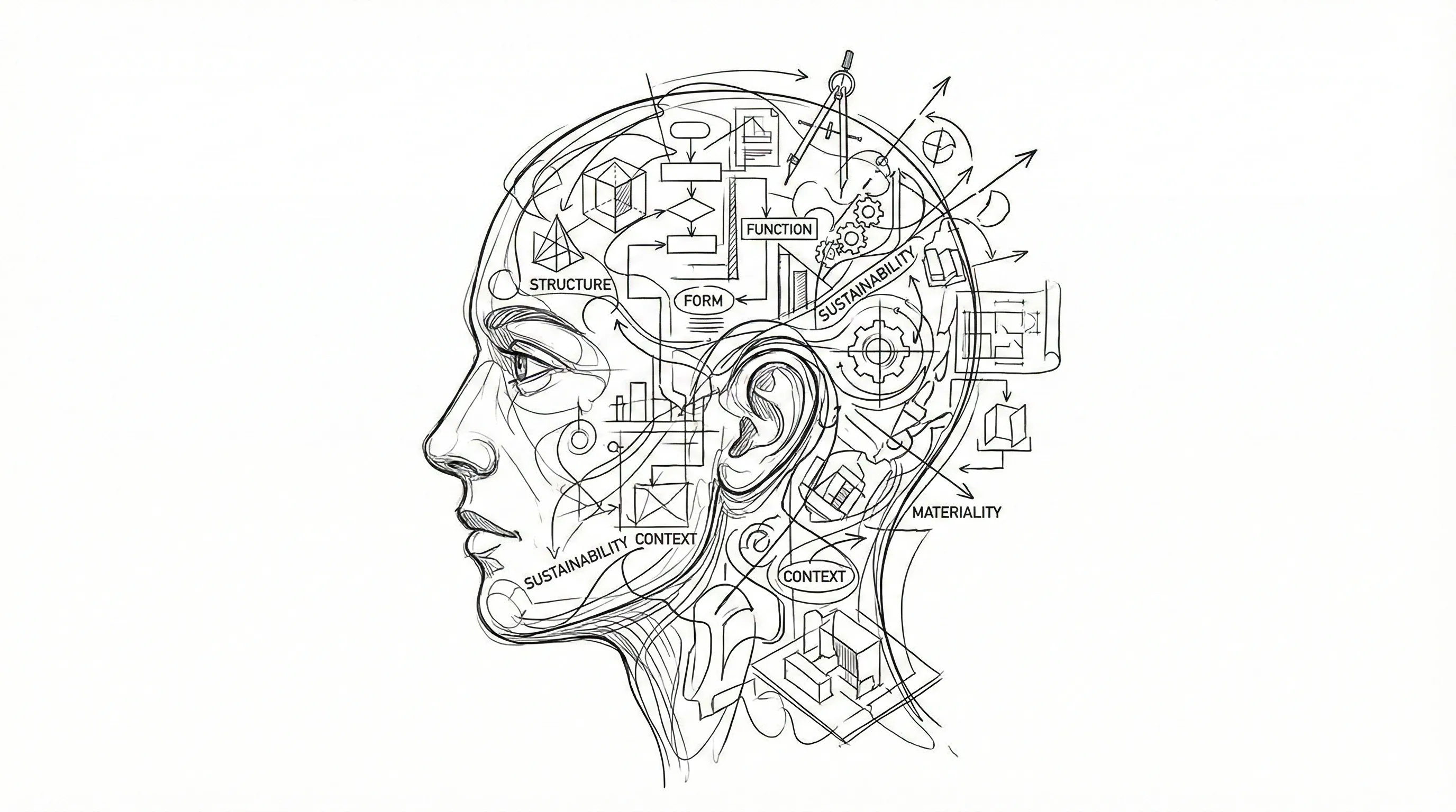 Human head profile drawing filled with interior design icons including furniture structure and floor plan sketches