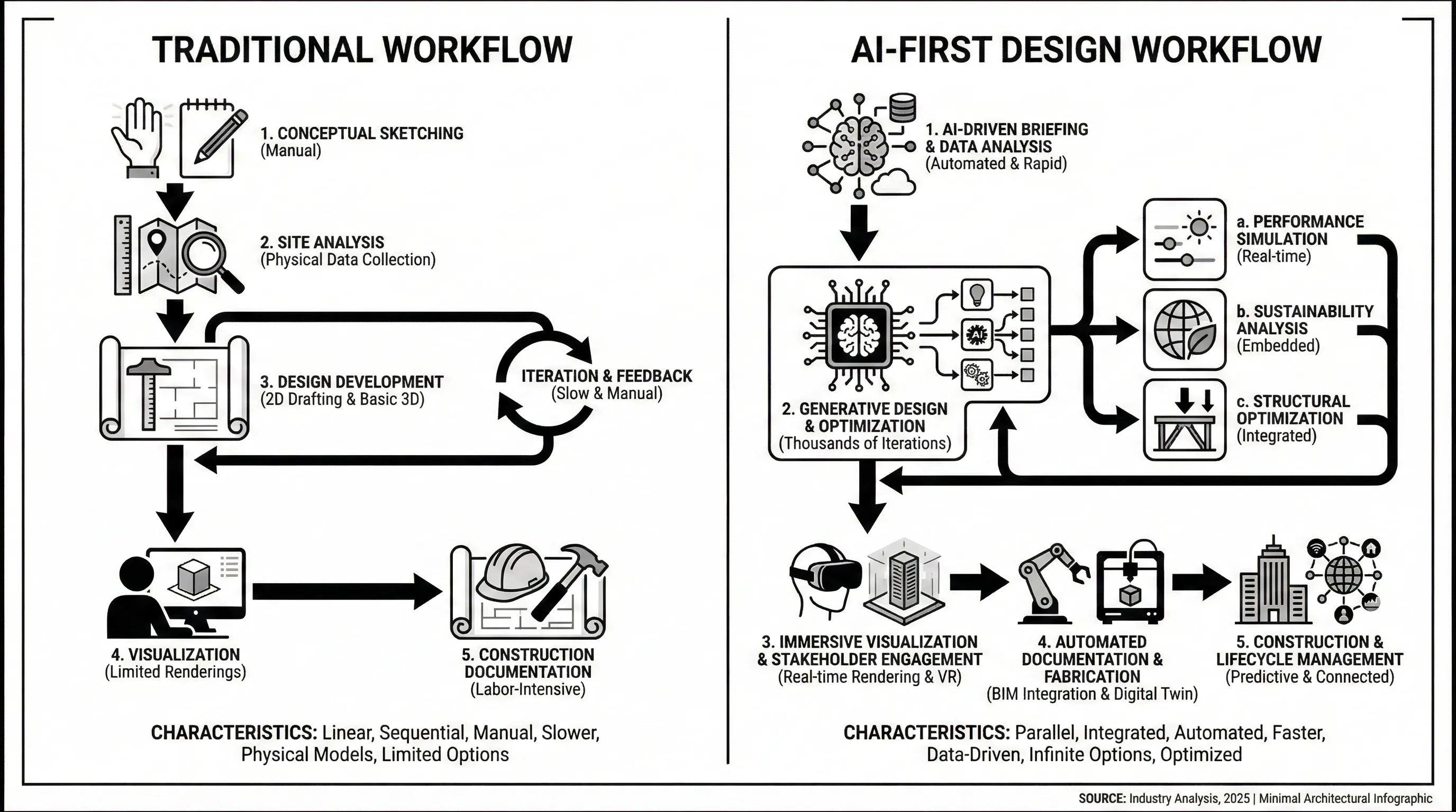 Comparison flowchart between traditional design manual workflow and automated artificial intelligence driven modern interior design process