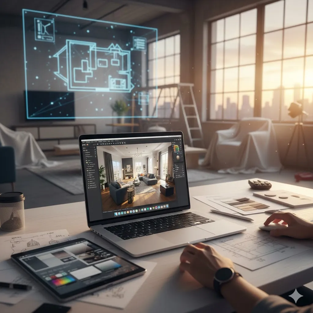 Laptop showing room interior design drawing while blue house floor plan floats above office desk