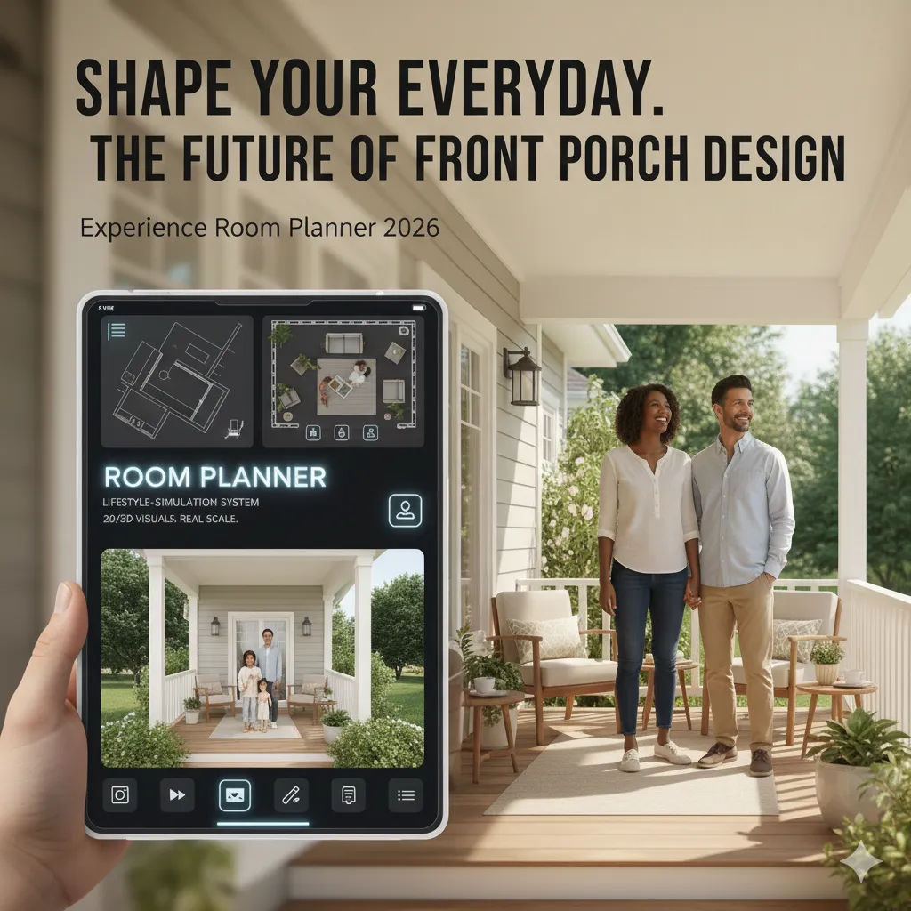 Tablet screen showing room planner app with a happy family standing on their front porch