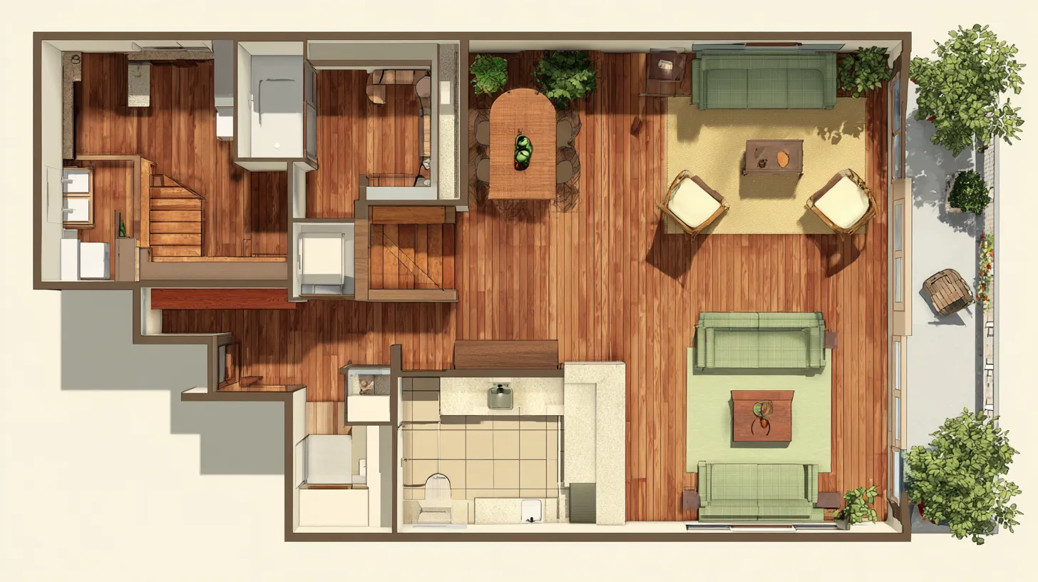 Interior design drawing showing modern house layout with wooden floors green sofas and white kitchen
