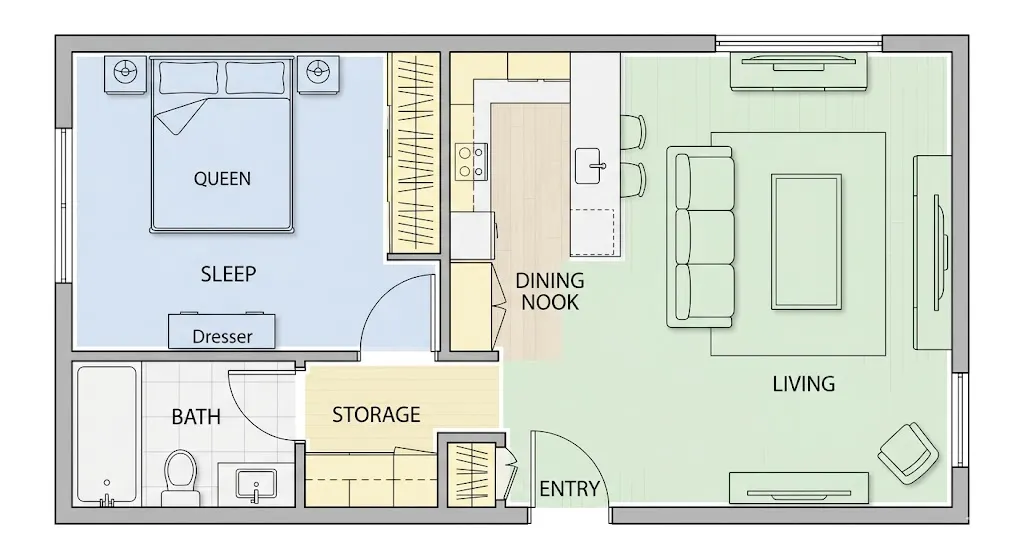 Detailed apartment floor plan showing bedroom bathroom living room storage entry and small dining kitchen nook