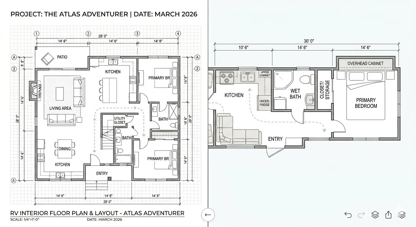 Interior design drawing showing two floor plan layouts side by side with a bedroom design