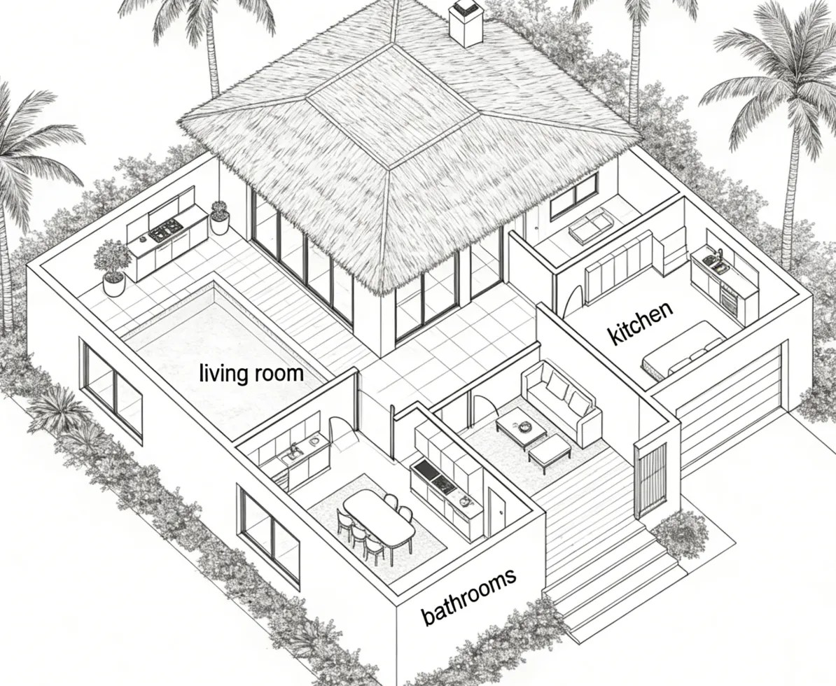 Interior design drawing of house layout with living room kitchen bathrooms pool and palm trees