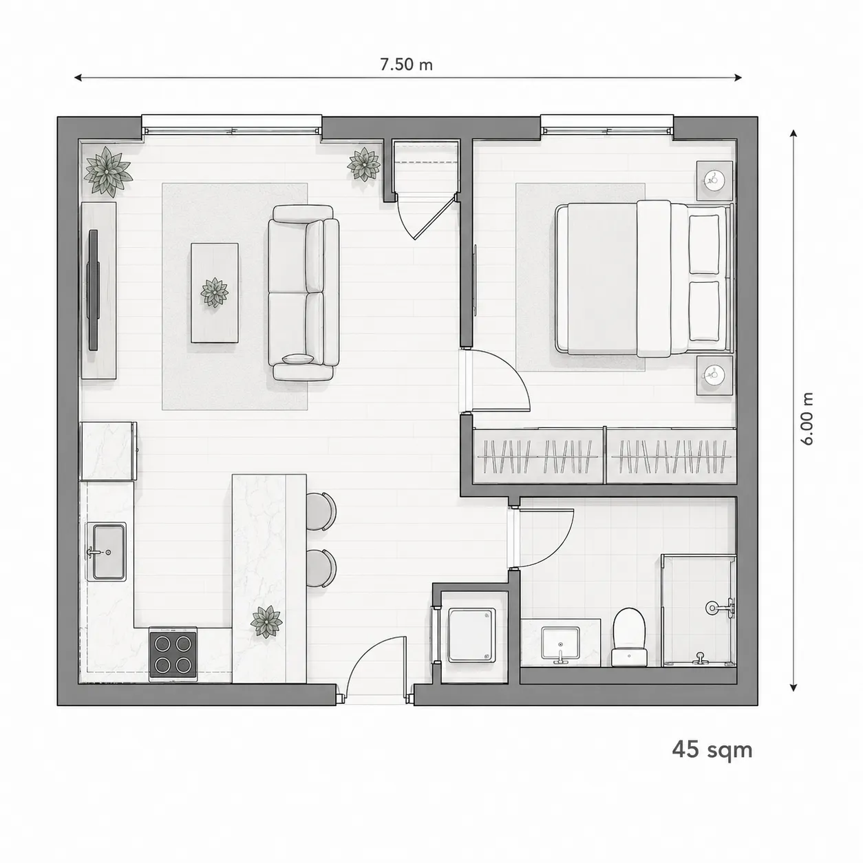 One-Bedroom Apartments (35–60 sqm)