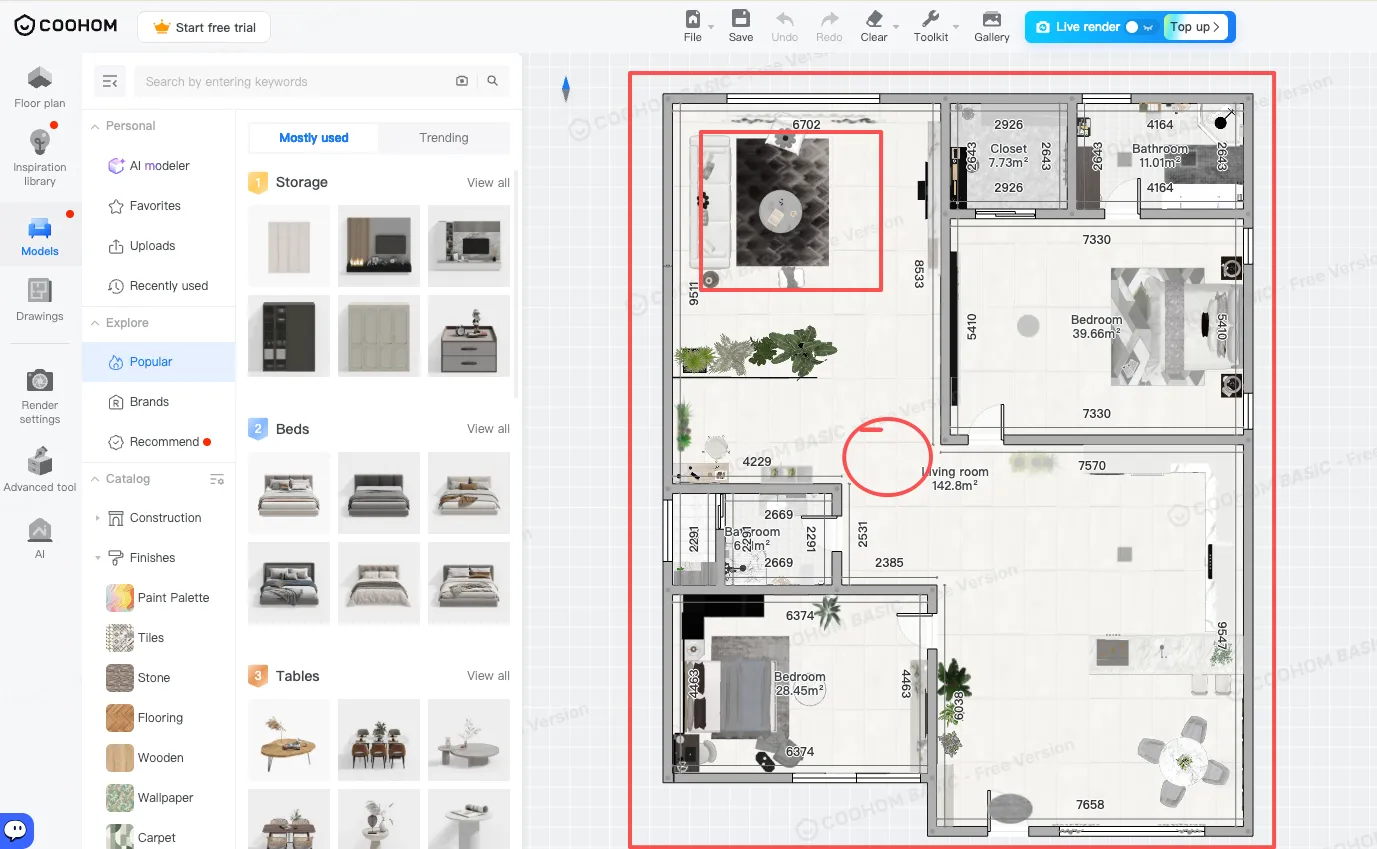 2D floor plan with every wall dimension and room area labelled, beside the model library panel