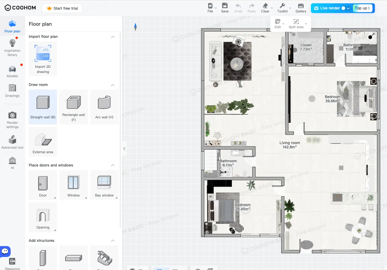 Floor plan editor with Import 2D drawing and wall-drawing tools open beside a completed plan