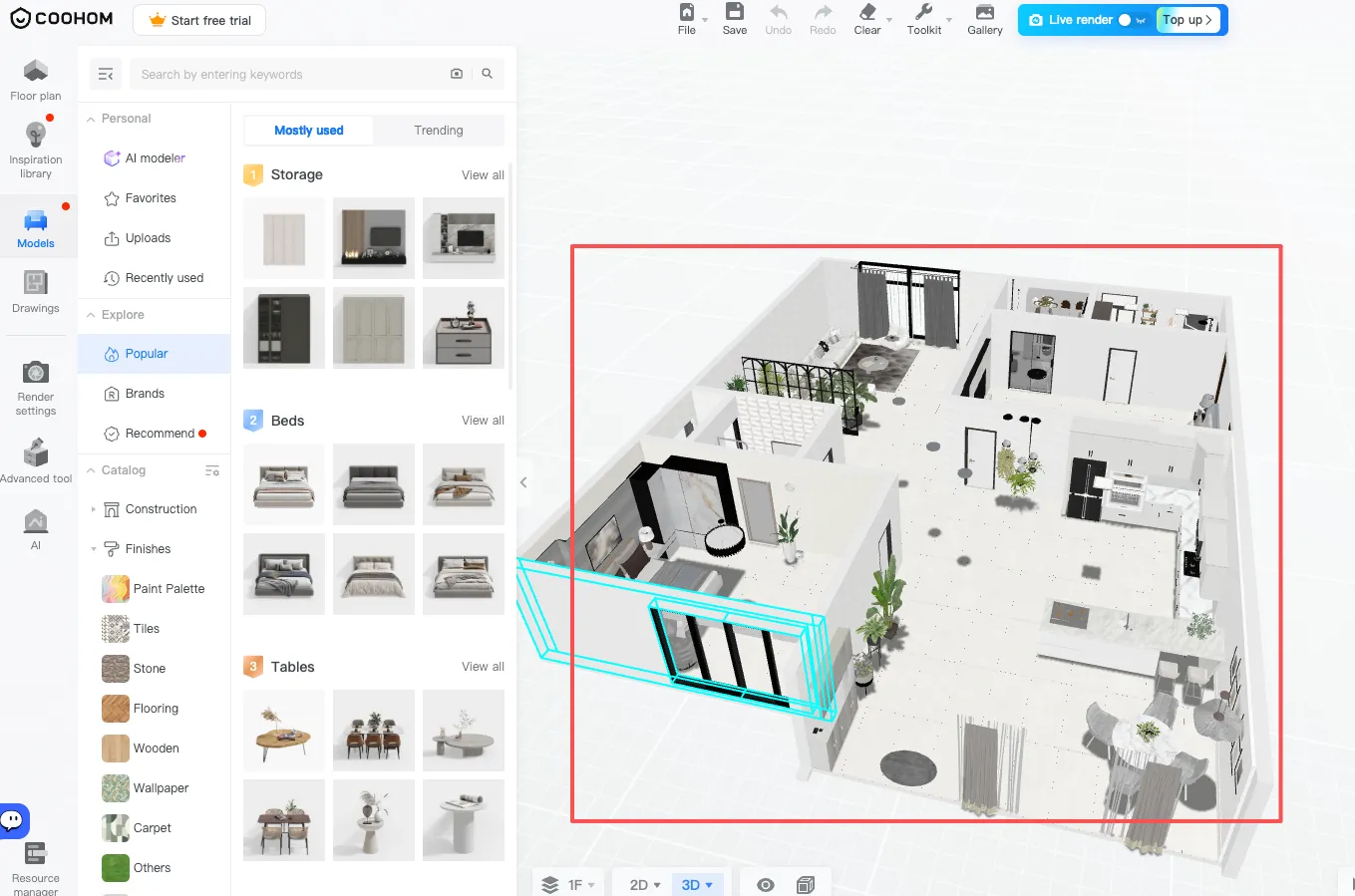 Whole apartment viewed in 3D with the 2D and 3D toggle at the bottom of the editor