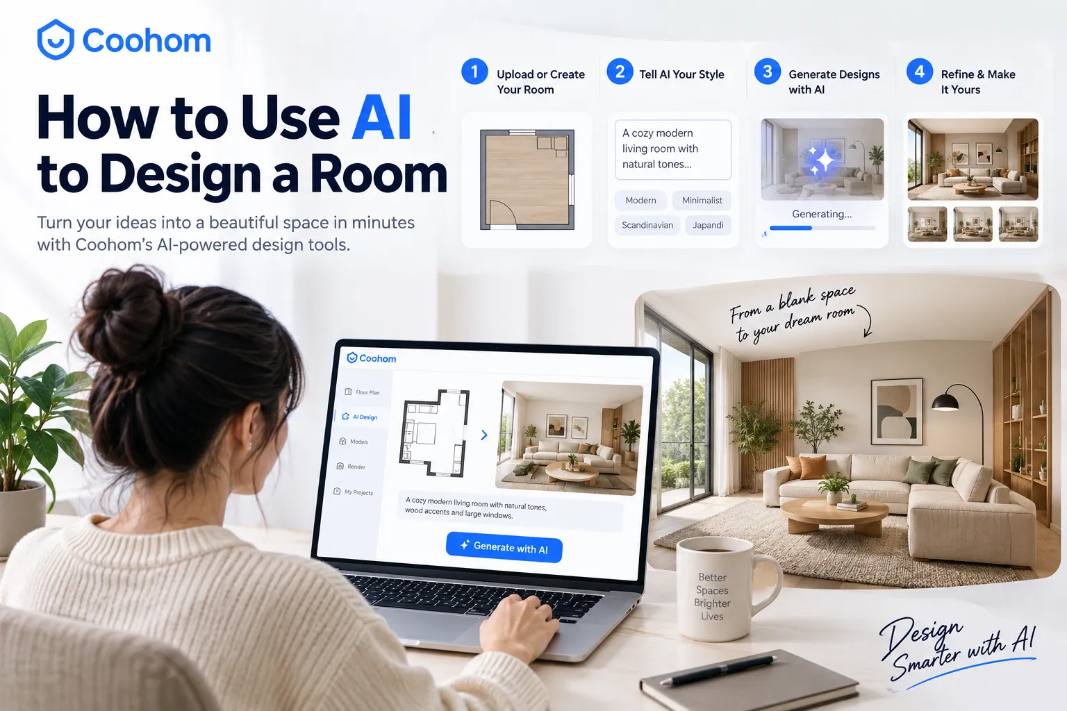 Woman using Coohom AI to create and refine a modern living room design