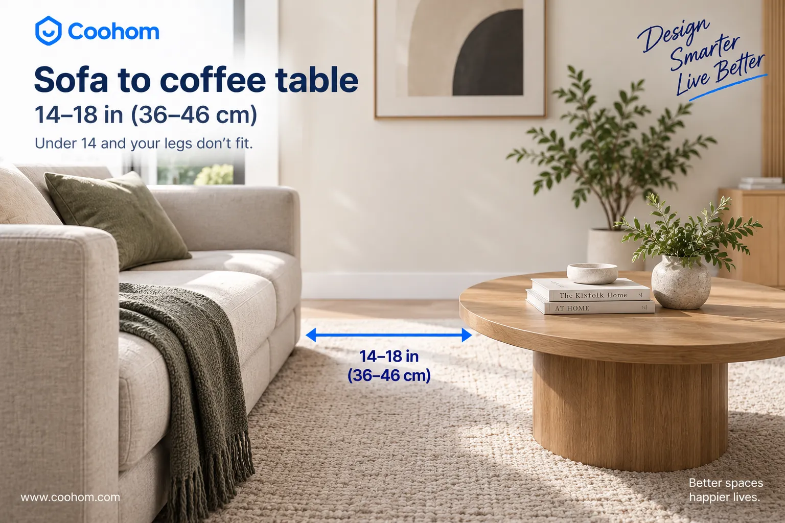 Sofa to coffee table spacing of 14–18 inches for a comfortable living room layout