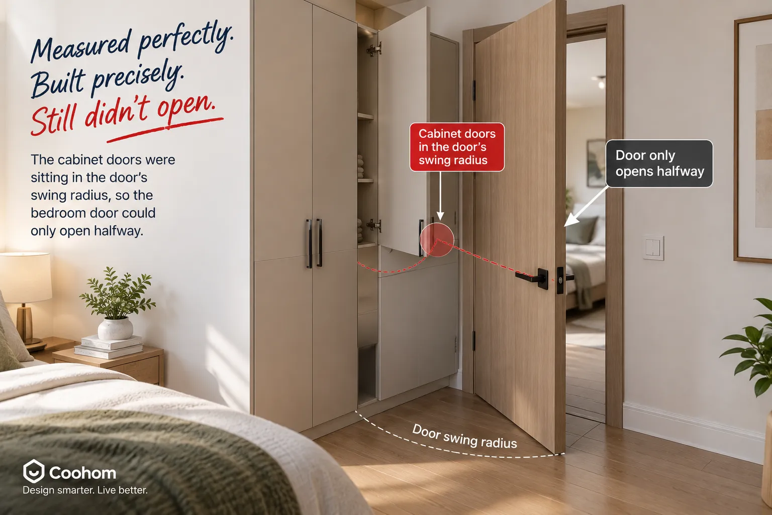Bedroom door blocked by cabinet doors placed within the door swing radius
