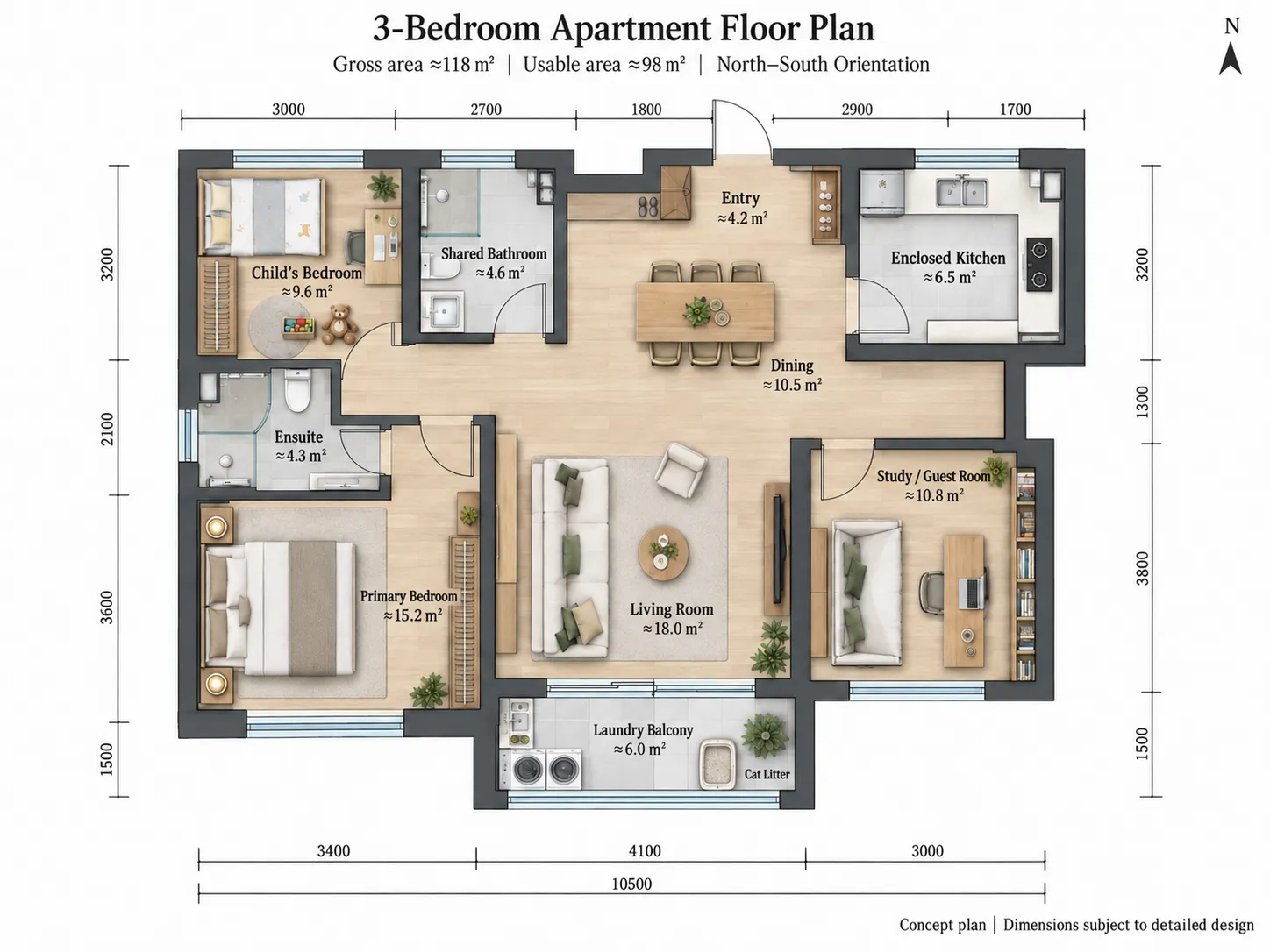 Three-bedroom apartment floor plan with two bathrooms, enclosed kitchen, study, and laundry balcony, showing room dimensions.