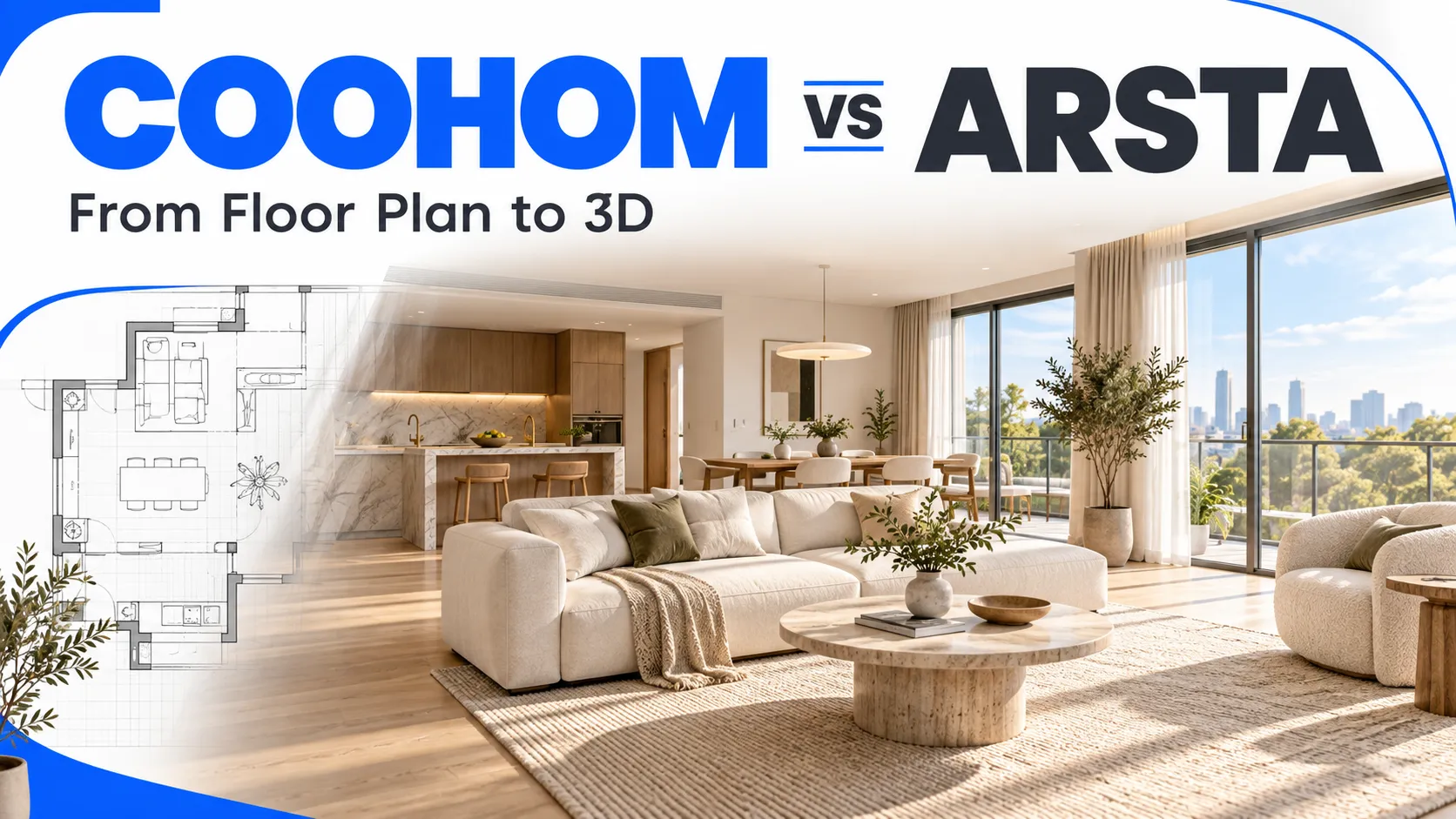 Coohom vs ARSTA: floor plan to 3D visualization featuring a modern living room with an open kitchen and dining area.