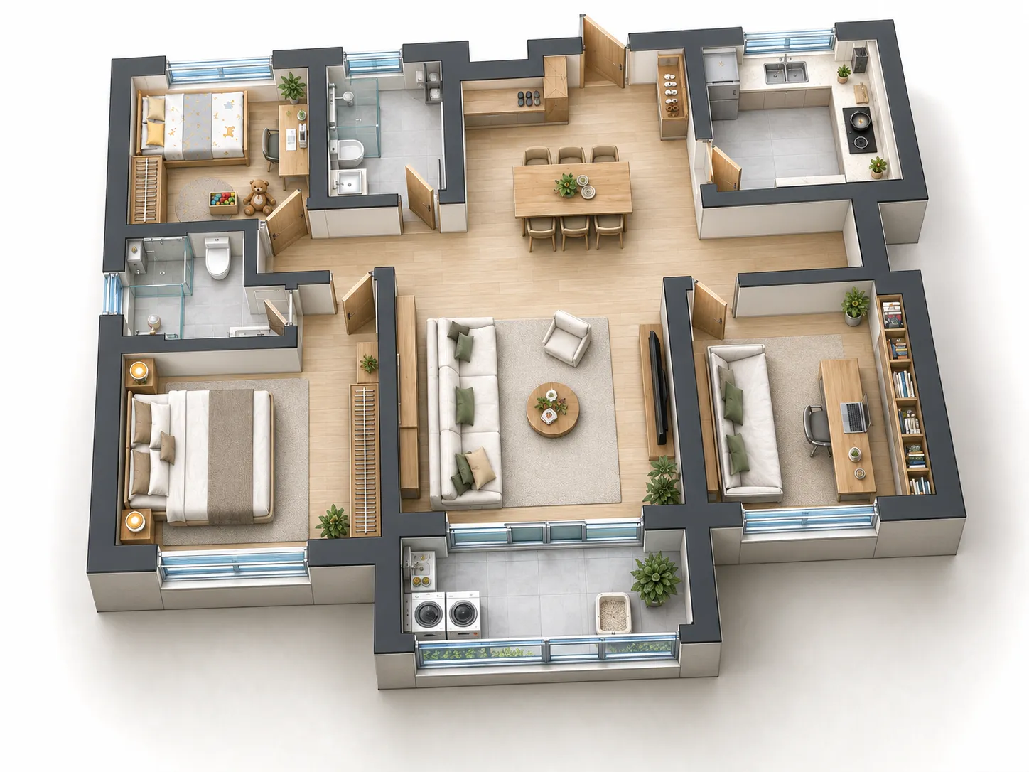 3D cutaway of a furnished apartment with three bedrooms, two bathrooms, kitchen and laundry balcony.