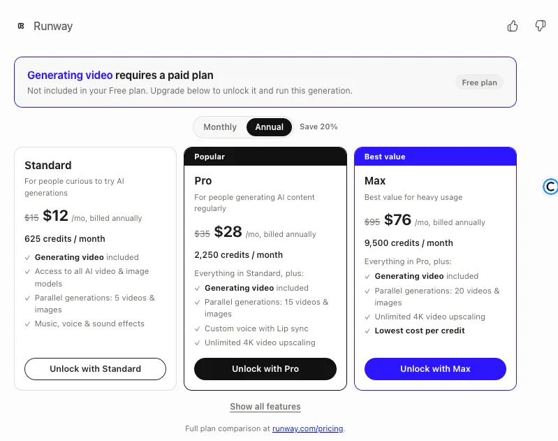 Runway pricing comparison showing Standard, Pro and Max plans, with video generation requiring a paid plan.