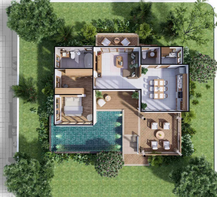 Top-down 3D floor plan of a tropical home with a pool, outdoor decks, open living spaces, and lush gardens.