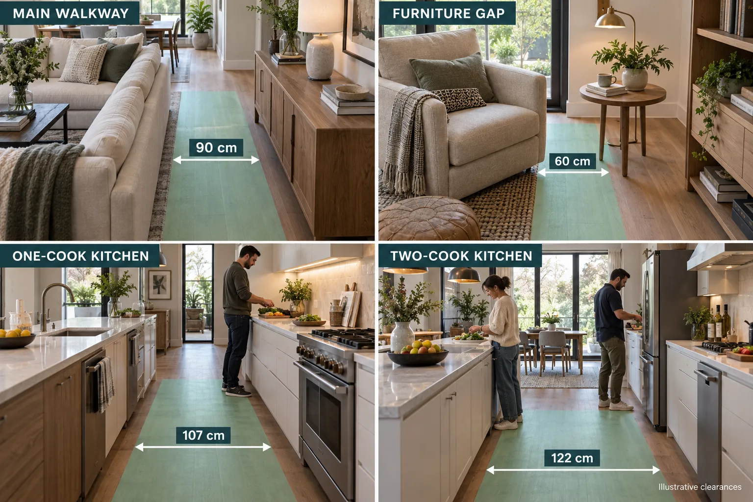 Realistic interiors showing 90 cm walkways, 60 cm furniture gaps, and 107–122 cm kitchen aisles.