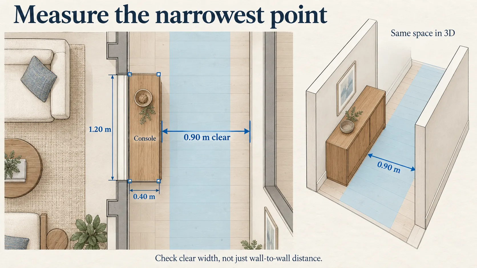 Measuring the narrowest point of a corridor in a floor plan editor, with the clear width displayed.
