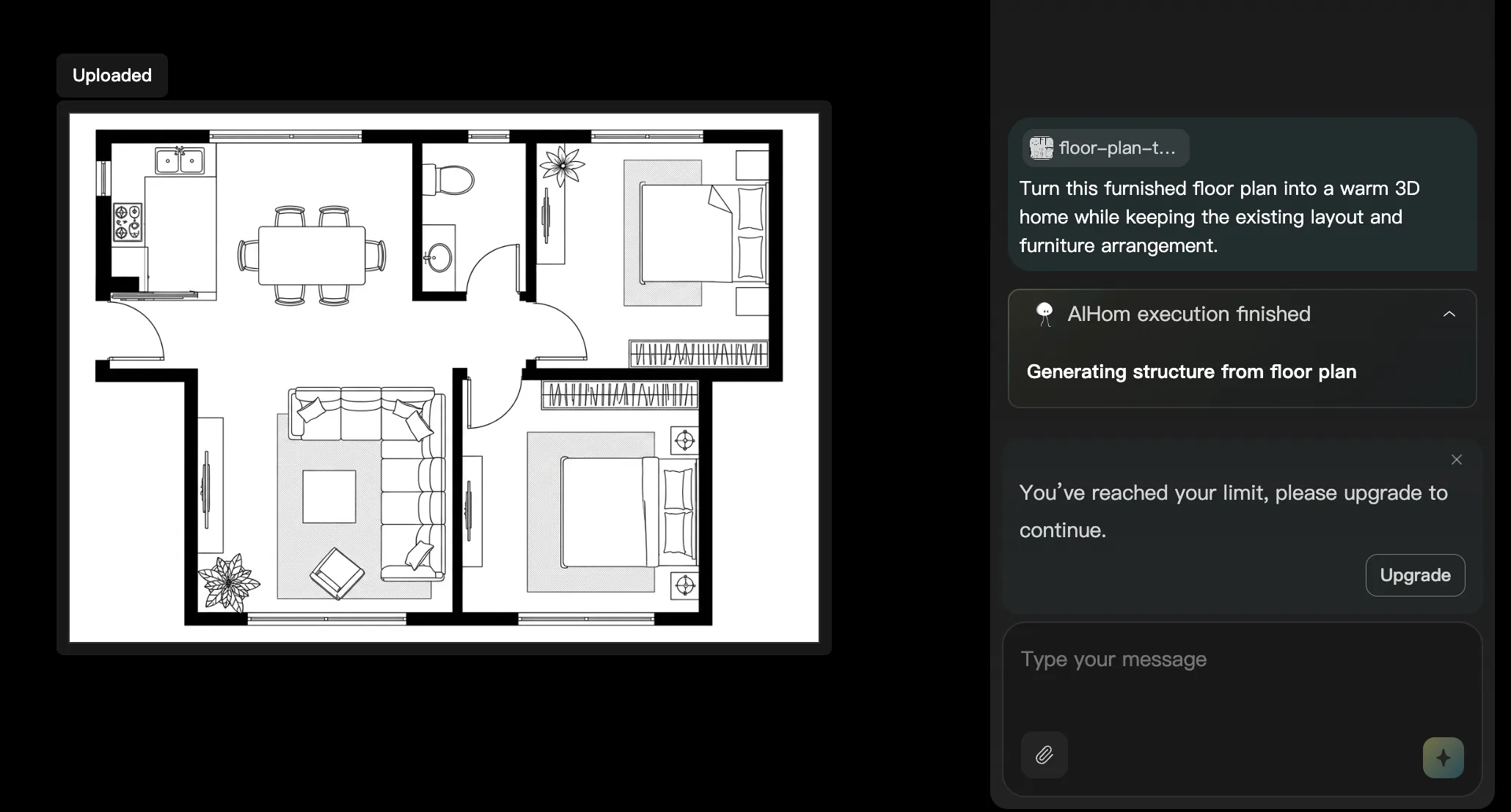 Uploaded two-bedroom floor plan in an AI design tool, with a 3D conversion request and usage-limit upgrade notice.