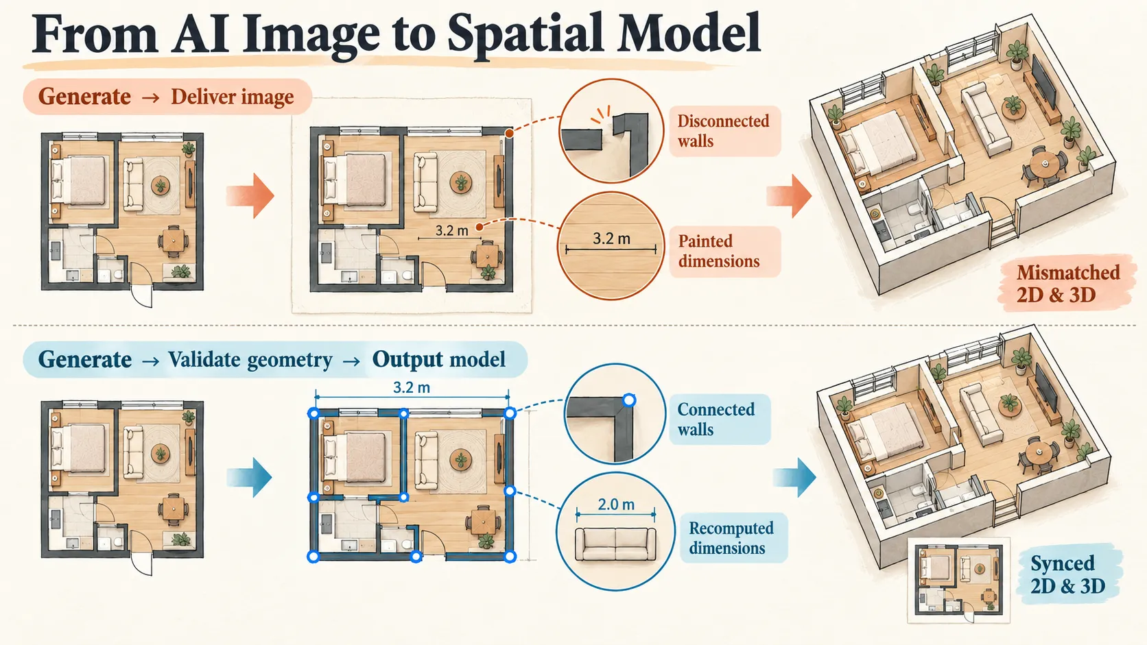 Comparison of delivering a generated image directly versus adding a spatial correction stage.