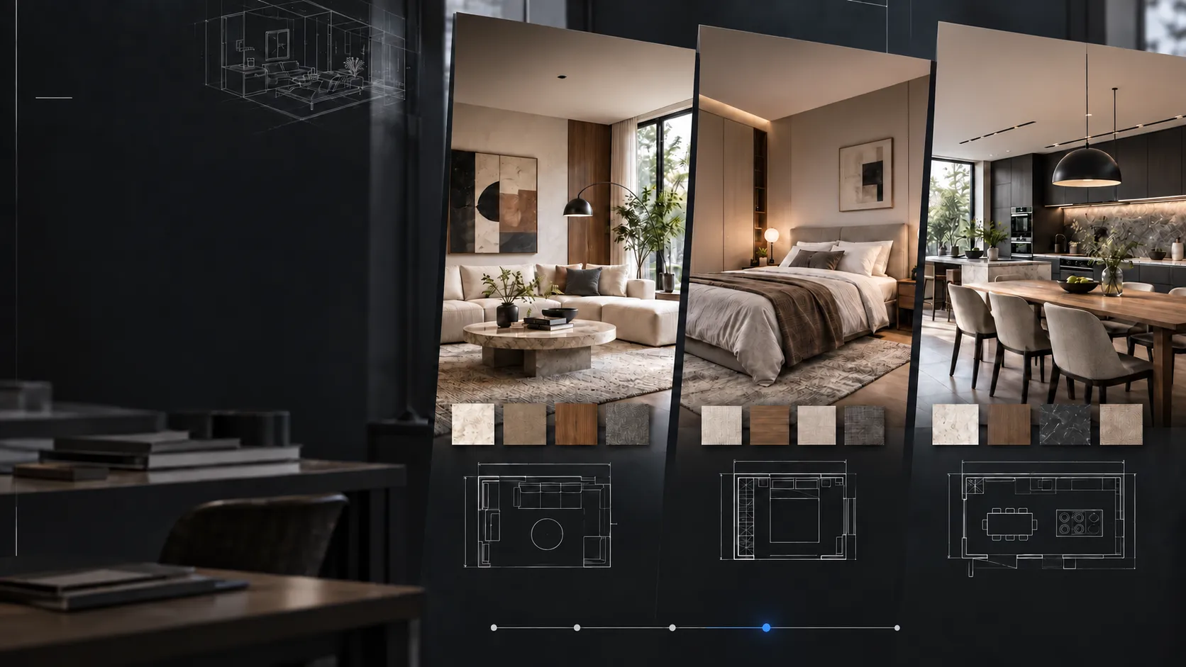 AI room design cover showing a living room, bedroom, kitchen, material samples, and editable floor plan drawings.