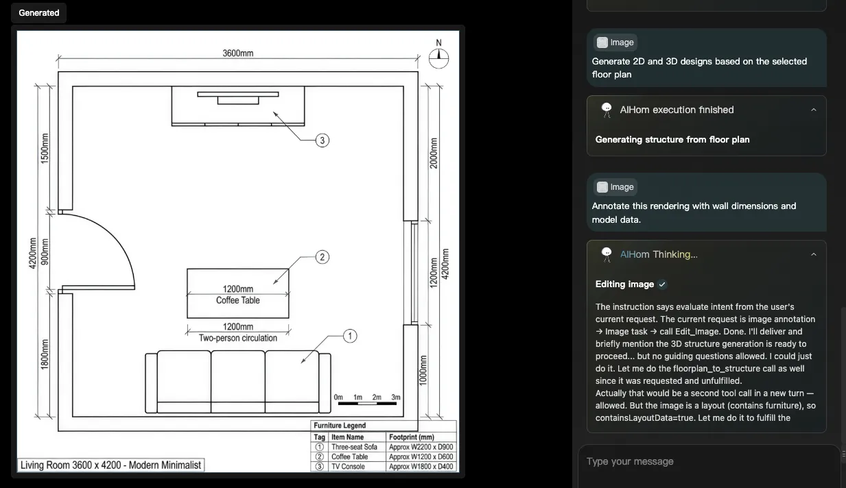 AI Room Planner interface showing an editable 2D living room layout generated from a text prompt.