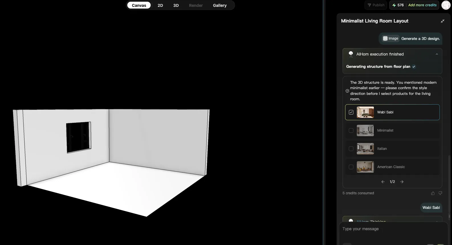 AI room planner interface showing an empty 3D living room and selectable styles for generating a furnished design.