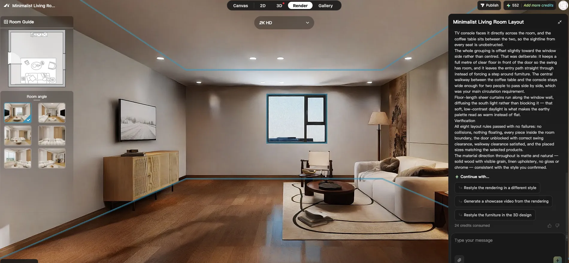 AI-generated 3D living room render with a sofa, TV console, coffee table, warm wood finishes, and clear walkways.