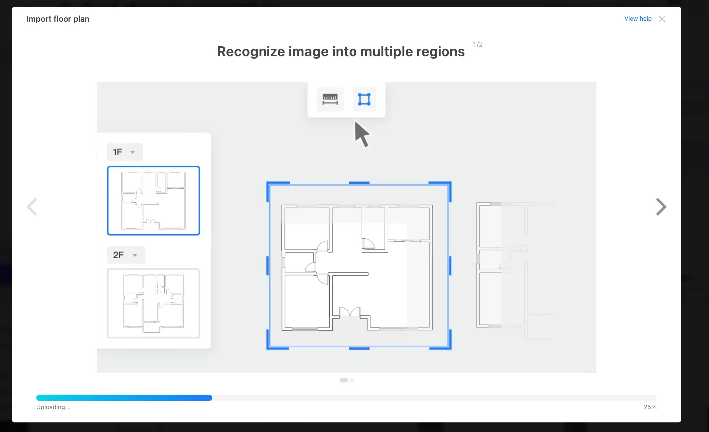 Floor plan import tool recognizing multiple regions and separating two building levels from an uploaded image.