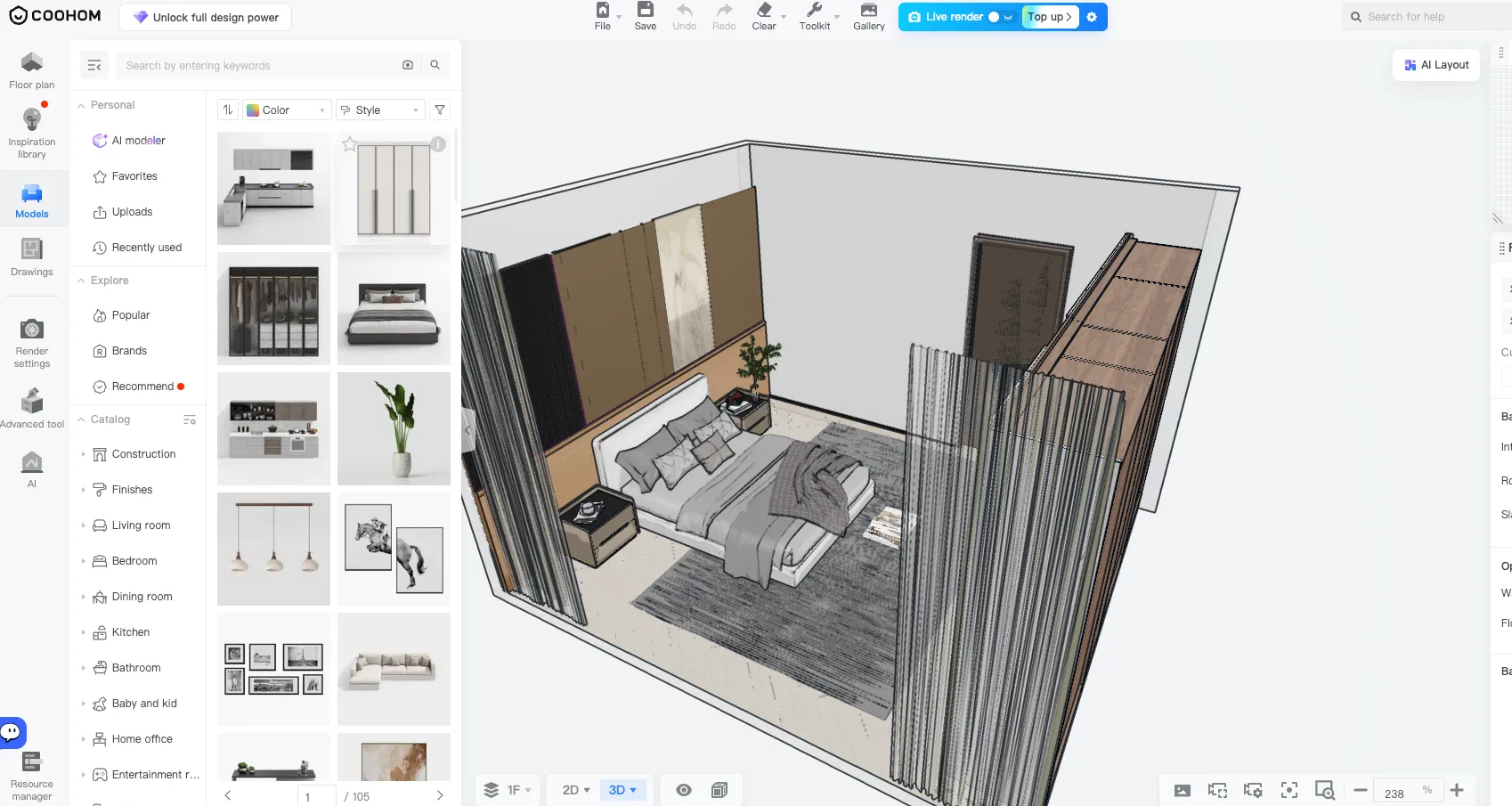 3D bedroom design editor showing a furnished room with a bed, wardrobes, curtains, rug, and searchable model library.