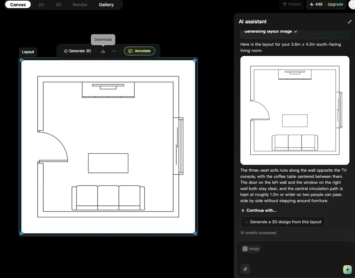 AI-generated living room floor plan with a sofa, coffee table, TV console, clear doorway, window, and circulation path.