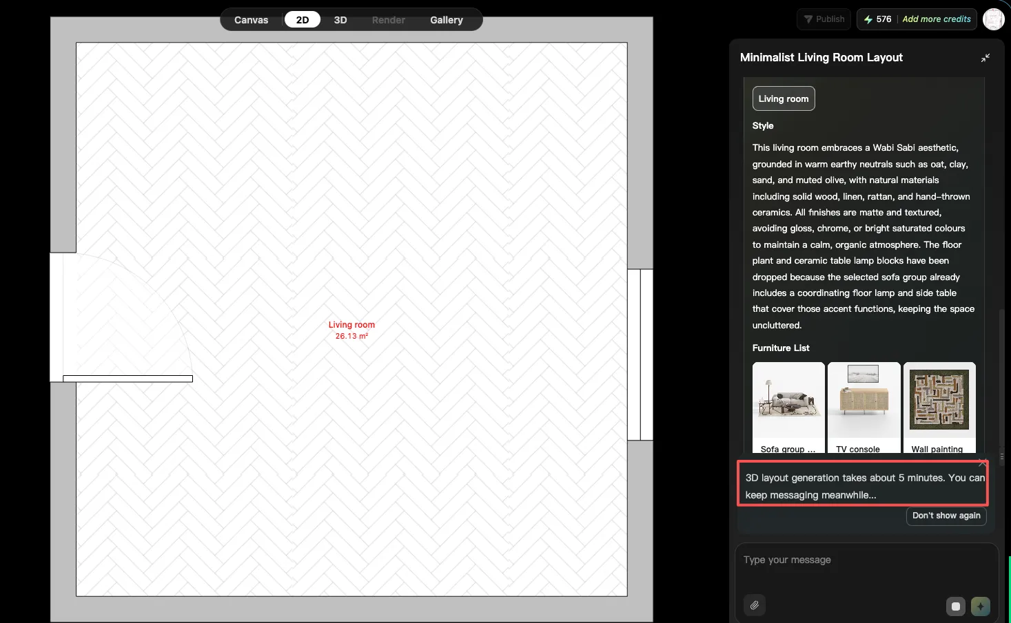 AI room planner showing a furnished 2D living room layout with dimensions, clear walkways, and completed 3D generation.