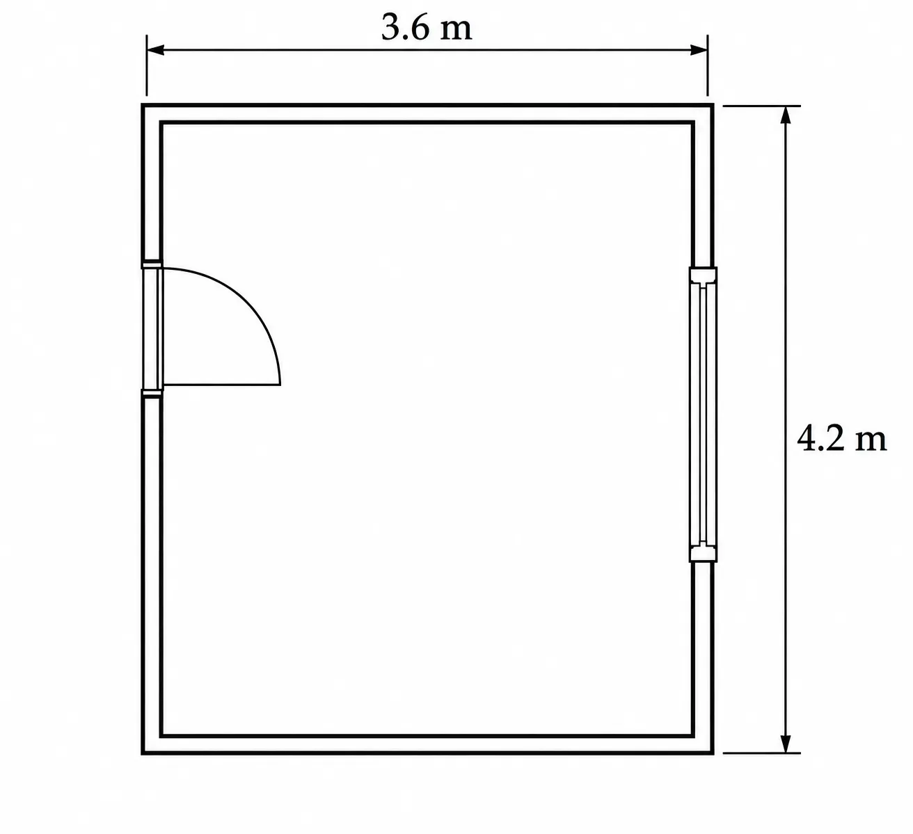 Black-and-white floor plan of a 3.6 m by 4.2 m empty room with a left-side door and a right-side window.